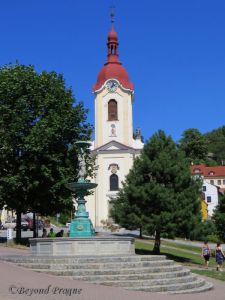 The fountain and church on the town square.