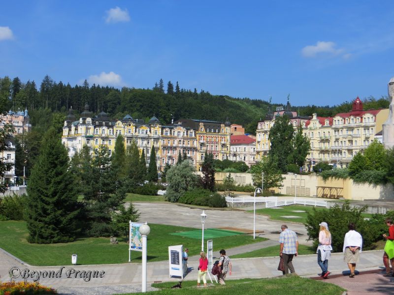 Looking across the central park towards the town's typical architecture
