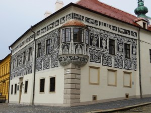 The sgraffito facade of the Renaissance era Painted House on the city's main square.