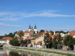 The north bank of the Jihlava river with the UNESCO listed Jewish Quarter and St. Procopius' Basilica.