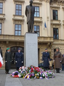Wreaths laid at the statue of Tomáš G. Masaryk near the centre of Brno.