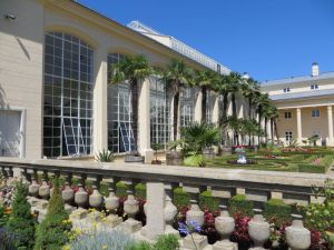 Historical greenhouses in the flower garden.