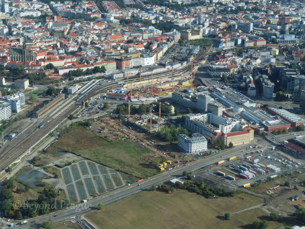 City cathedral and city centre (upper left), main train station, and Galerie Vaňkovka shopping centre.