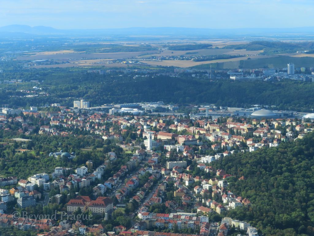 Fying past Kraví hora, the exhibition grounds and Bohunice district are in the background.