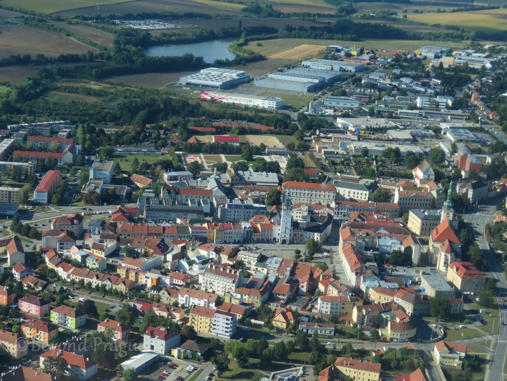 Flying over the main square of Vyškov on the return trip.